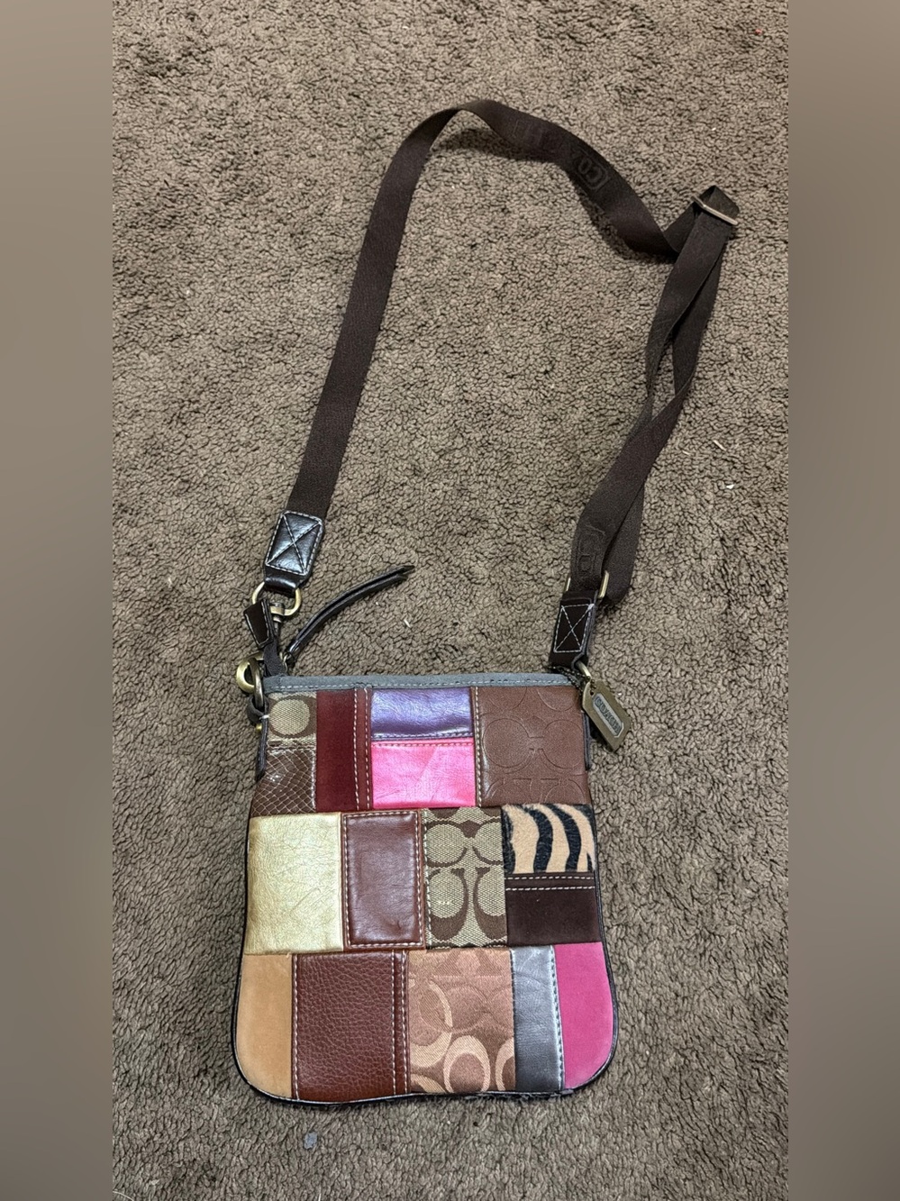Coach Patchwork Crossbody Bag in Pink, Brown, Tan and Gold used still in good